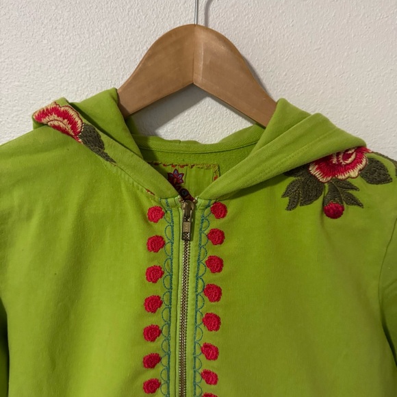 Johnny Was Embroidered Floral Half Sleeve Zipper Hoodie Lime Green Bohemian-S - Picture 3 of 9